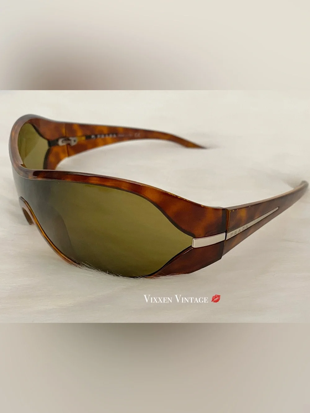 VINTAGE Y2K PRADA CHUNKY WRAP-AROUND SHIELD TORTOISE SHELL SUNGLASSES IN BROWN - Picture 5 of 13